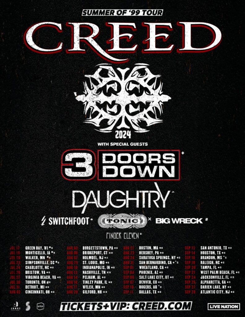 CREED ANNOUNCES 2024 SUMMER OF ‘99 TOUR SPECIAL GUESTS 3 DOORS DOWN